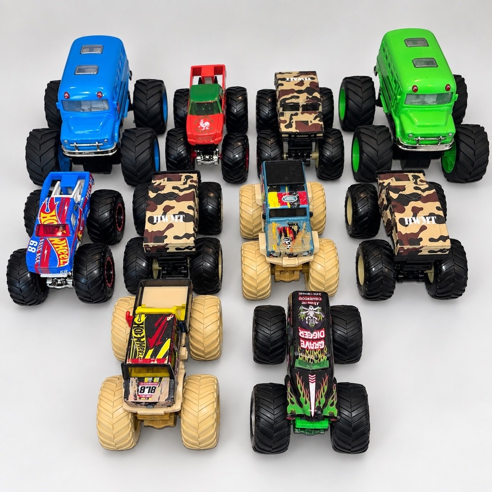 Hot Wheels Monster Trucks Lot of 10 Grave Digger HWMT Camo Sriracha Diecast